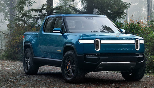 blue rivian truck